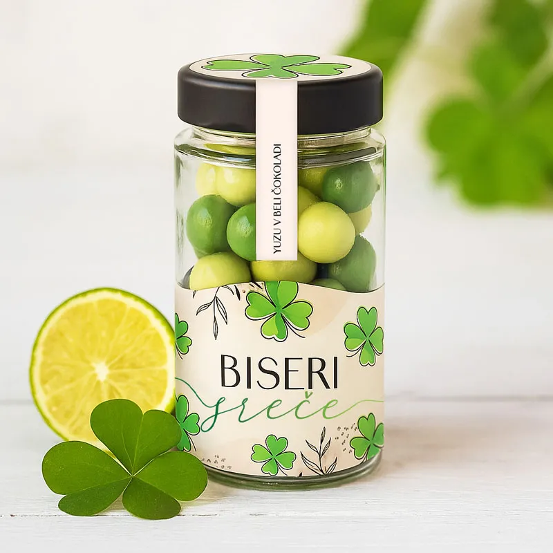 Dražeji v steklenički, BISERI SREČE, yuzu v beli čokoladi, 125 g