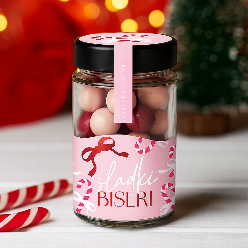 Dražeji v steklenički, SLADKI BISERI,  jagode v beli čokoladi, 125 g