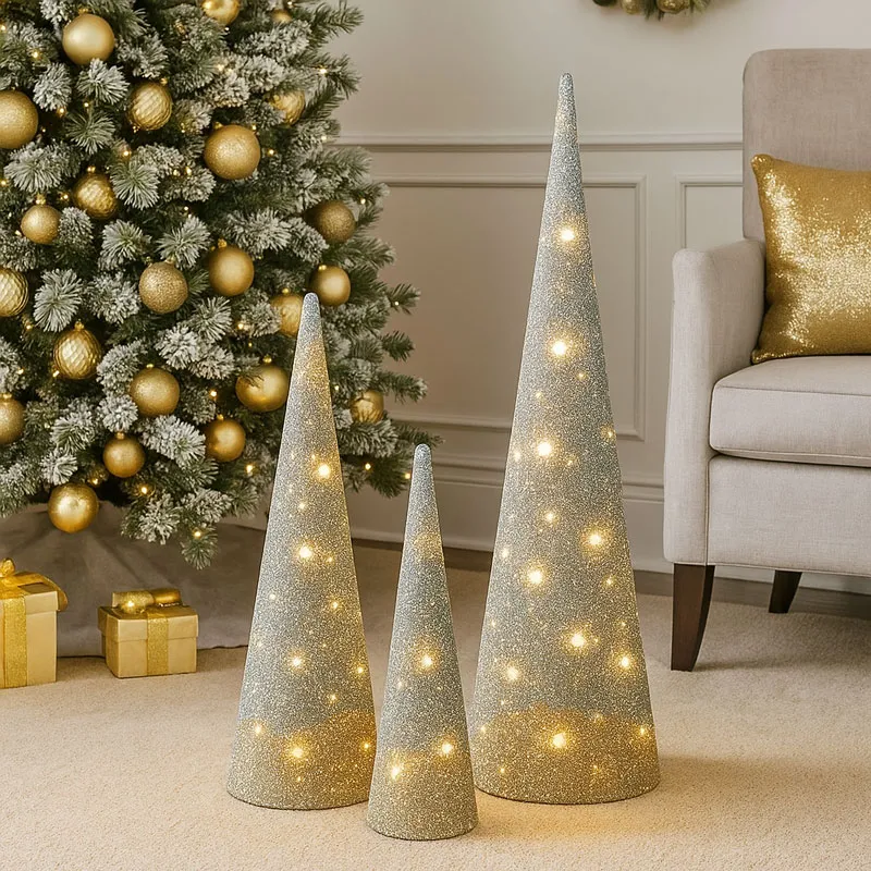 Božična dekoracija, stožec z LED lučko, srebrno/zlat, na baterije, 13.5x13.5x60cm
