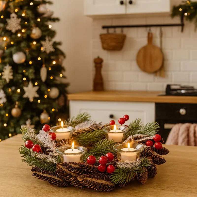 Adventni venček okrogel, naravni material, PVC, steklo, 33x33x8cm