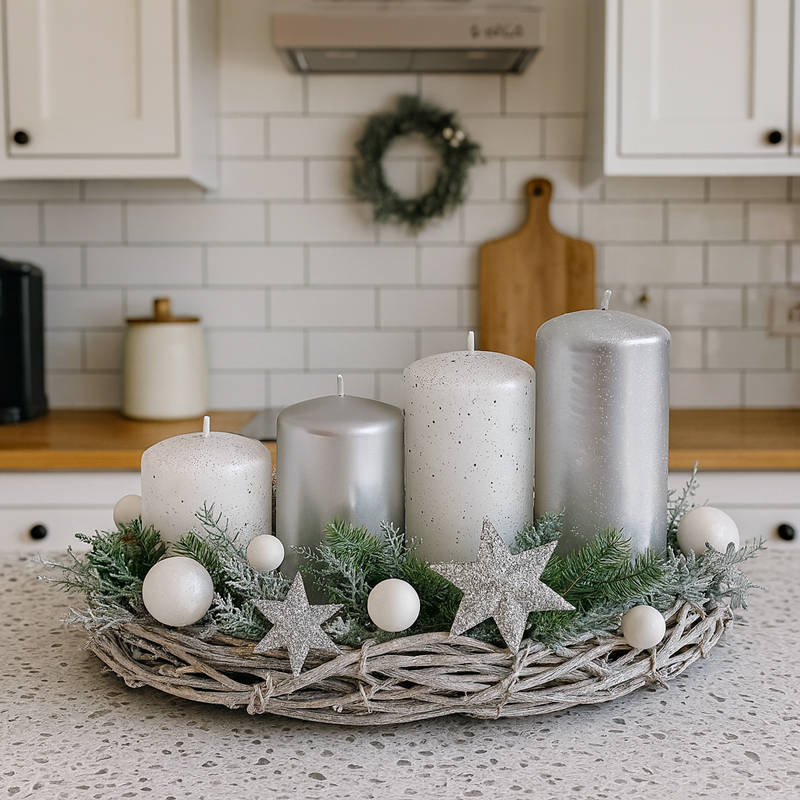 Sveča adventna, 4/1, 40x55/70/85/100, sebrni mix