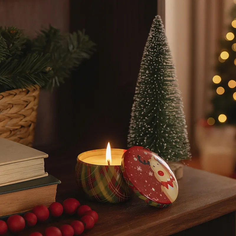 Sveča božična, v kovinski škatlici, dišeča, 6x4cm, sort.