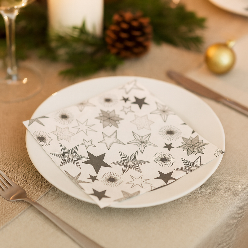 Papirnate serviete, bele, srebrne zvezde, 33x33cm, 20kos.