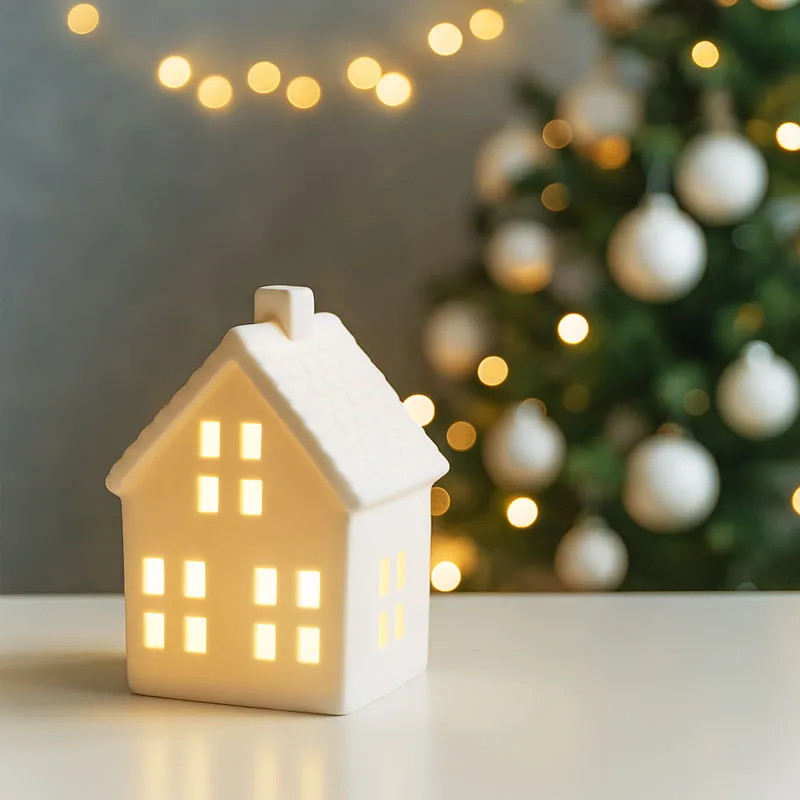 Hiška z LED lučko, porcelan, 8x12cm