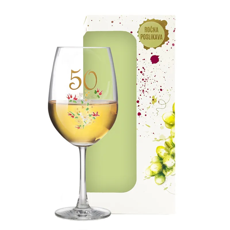 Kozarec za vino poslikan - cvet, 50let, 0.58l