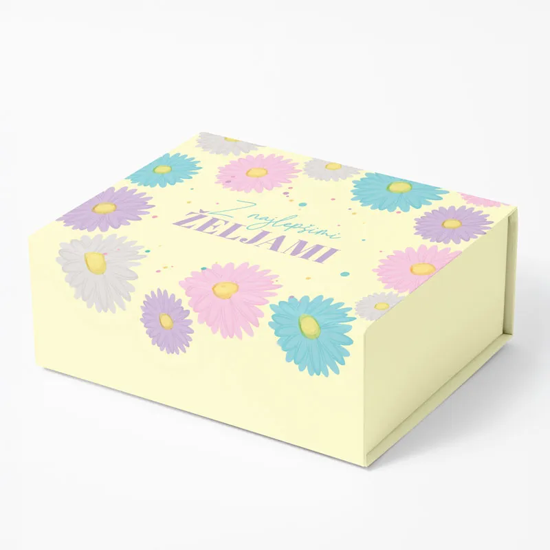 Škatla darilna, Z najlepšimi željami, 34x25x11cm, rumena, marjetice