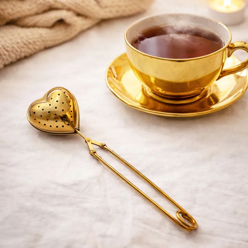 Cedilka za čaj, srček, 15x4x2.5cm, zlata barva, nerjaveče jeklo