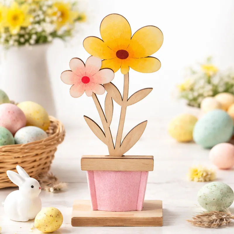 Roža v lončku, lesena,  21.5cm, sort.