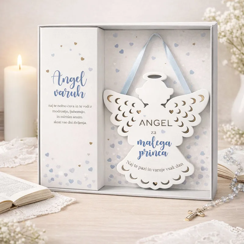 Angel za malega princa s povetilom, moder, iz lesa, v darilni embalaži, 14cm