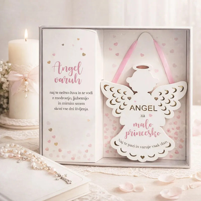 Angel za malo princesko s povetilom, roza, iz lesa, v darilni embalaži, 14cm