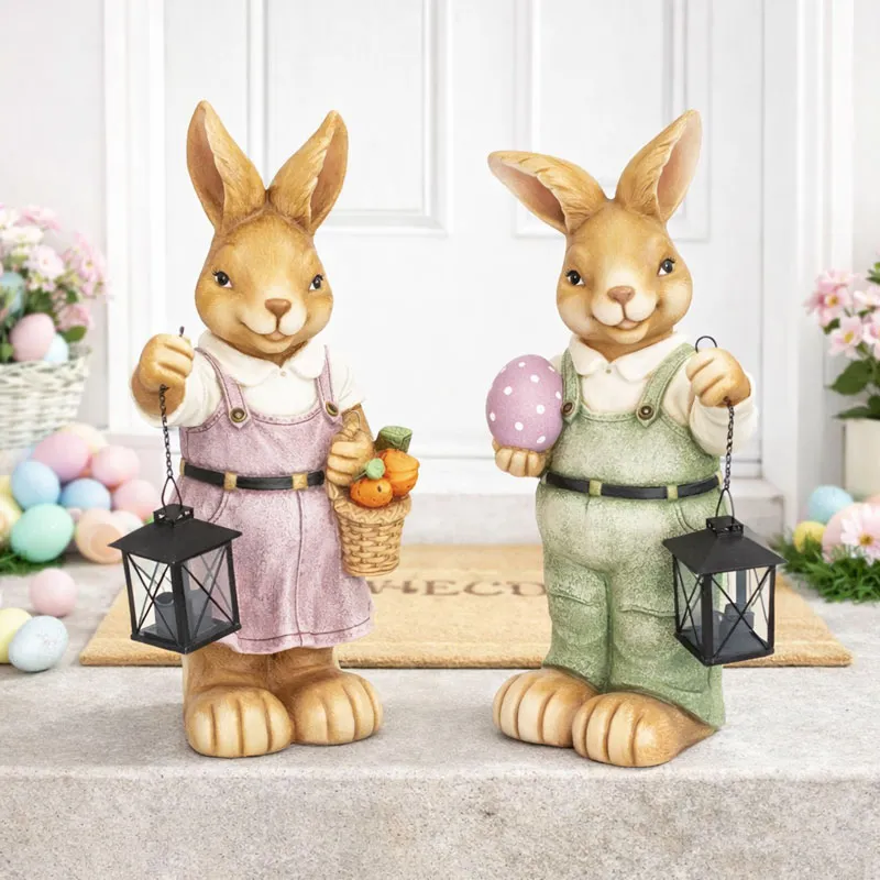 Zajec velikonočni stoječ, z laterno za čajno lučko, polimasa, 46cm, sort.