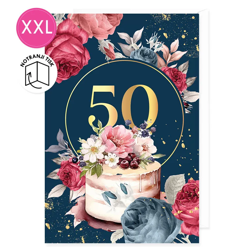 Voščilnica velika, rojstni dan, ženska, 50, torta in vrtnice