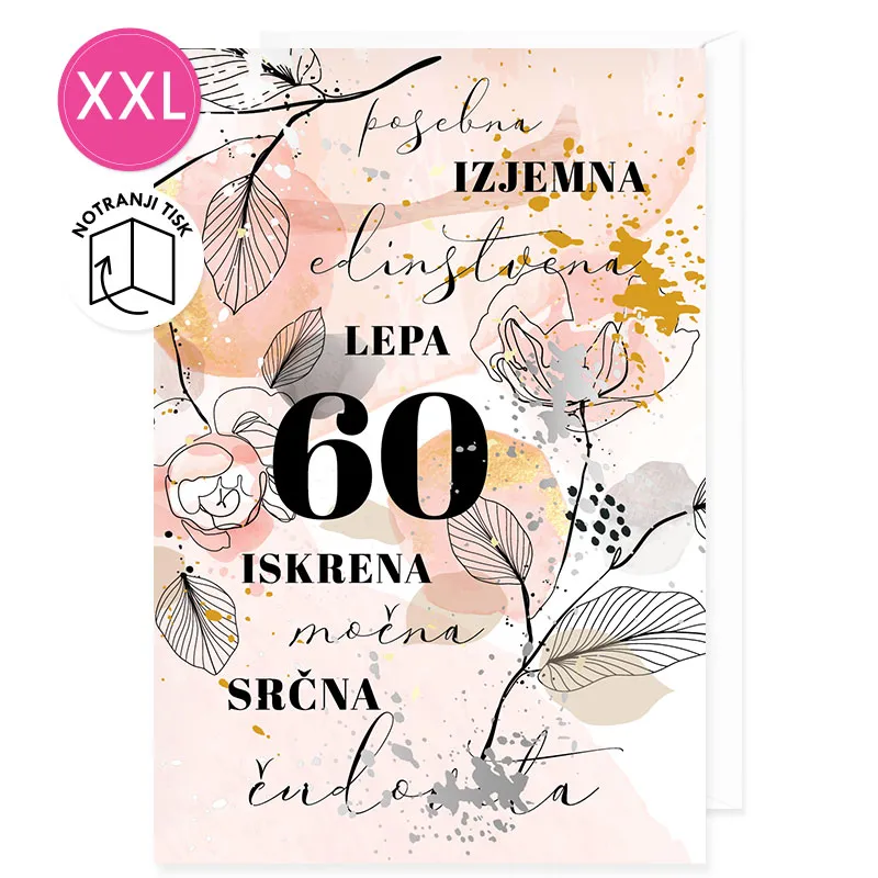 Voščilnica velika, rojstni dan, ženska, 60, Izjemna, lepa, iskrena, srčna,…