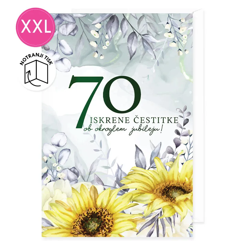 Voščilnica velika, rojstni dan, ženska, 70, Iskrene čestitke ob okroglem jubileju, sončnice