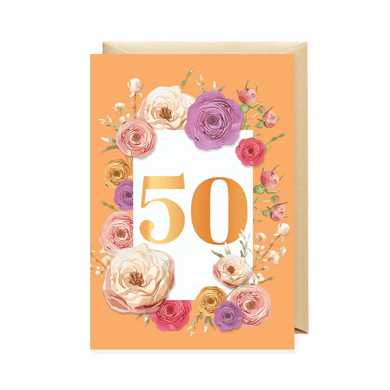 Voščilnica, rojstni dan, ženska, 50, ranunkule, oranžna