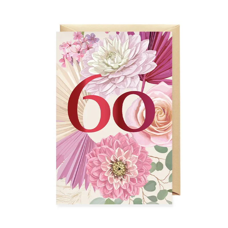 Voščilnica, rojstni dan, ženska, 60, cvetje, roza