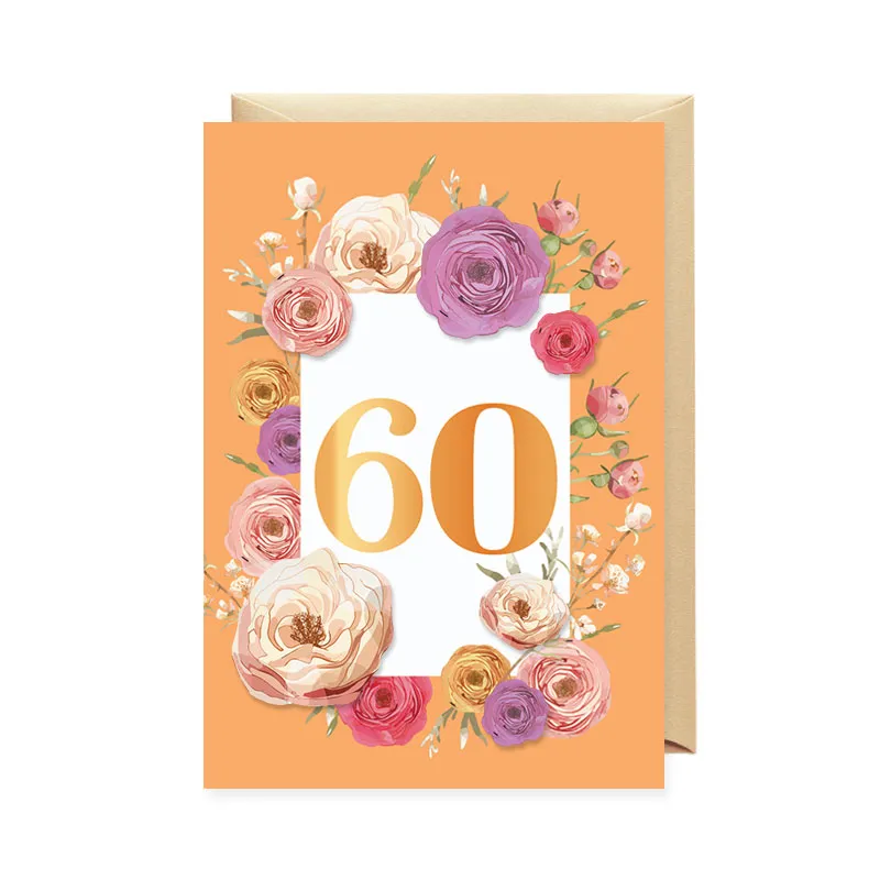 Voščilnica, rojstni dan, ženska, 60, ranunkule, oranžna