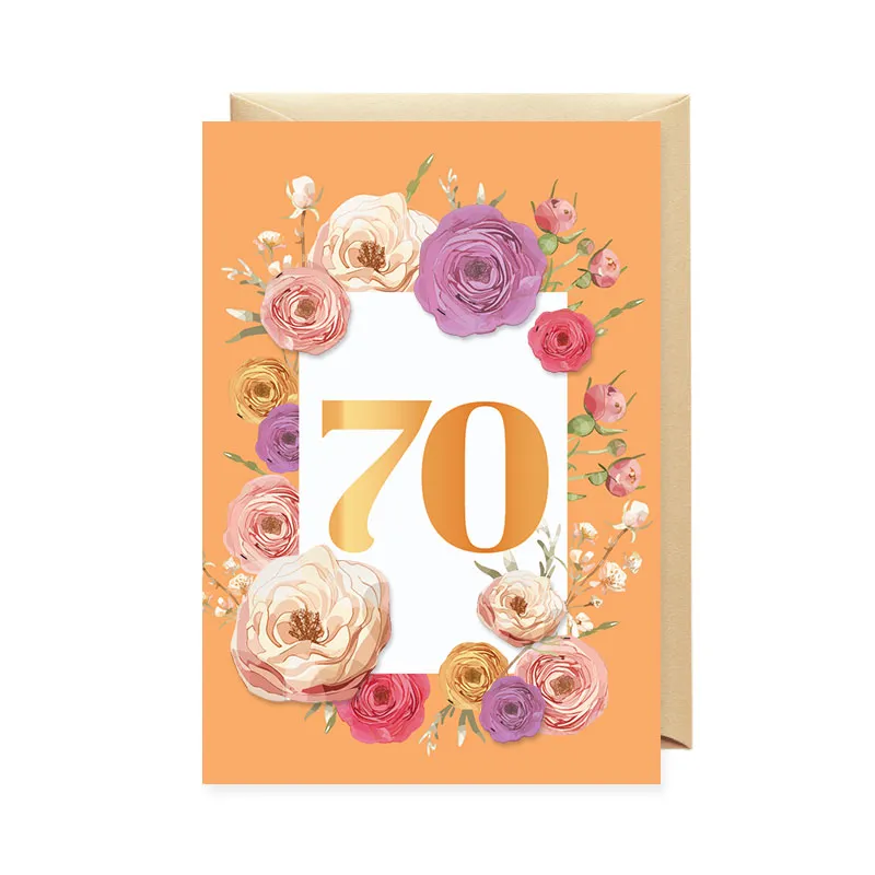 Voščilnica, rojstni dan, ženska, 70, ranunkule, oranžna