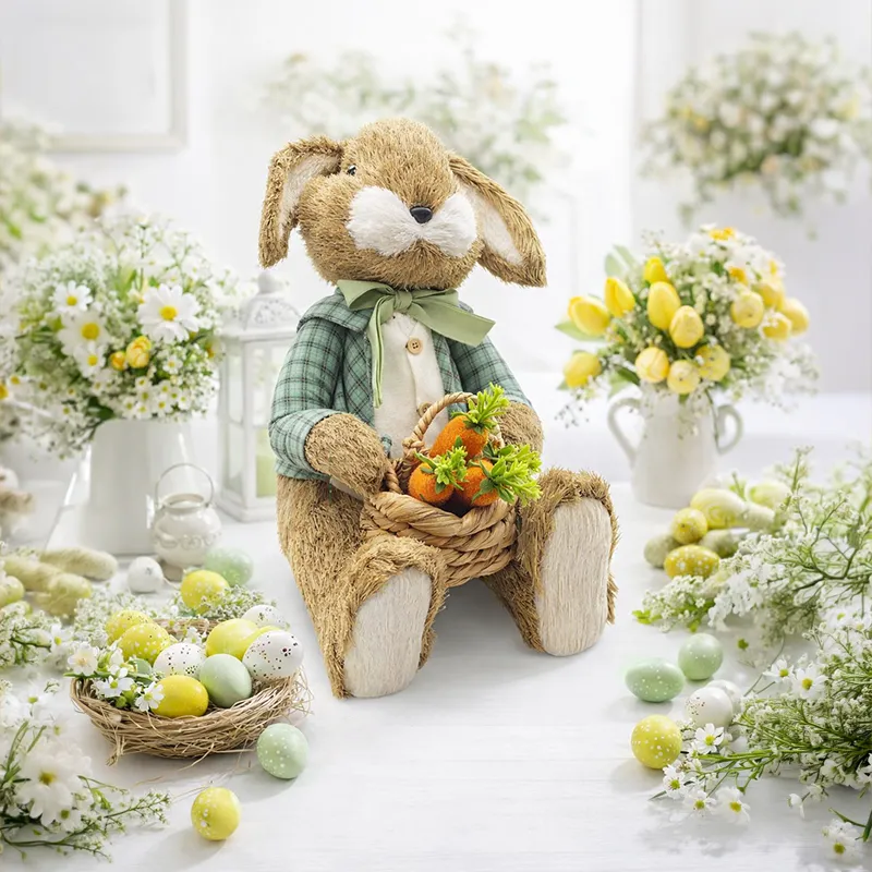 Zajec velikonočni v zeleni srajci, naravni material/blago, 50cm