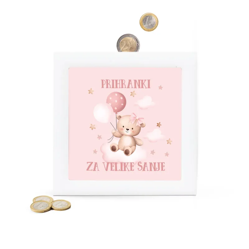 Hranilnik lesen bel, Prihranki za velike sanje, roza, 15x15x5cm