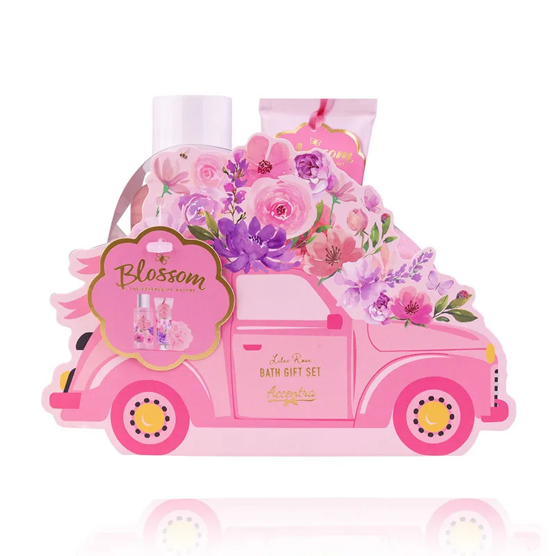 Kopalni set  BLOSSOM, 100ml gel za tuširanje, 30ml krema za roke in nohte, 10g goba, z vonjem Lilac Rose, v kartonski embalaži v obliki avta