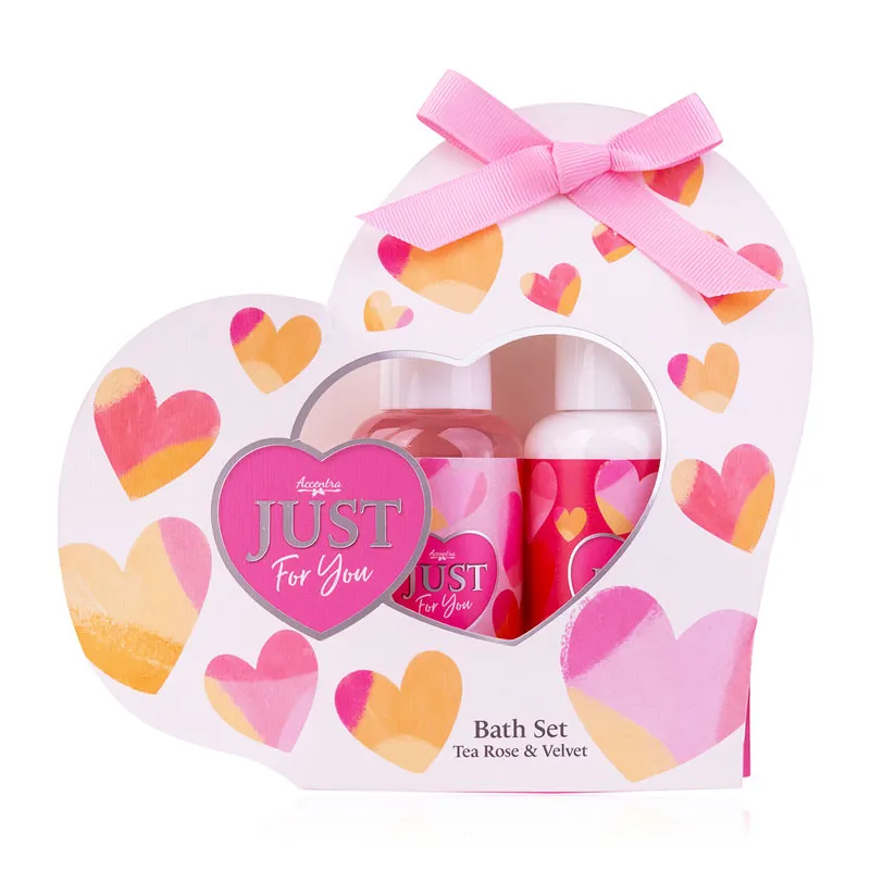 Kopalni set JUST FOR YOU, 100ml gel za tuširanje, 100ml mleko za telo, z vonjem Tea Rose & Velvet, v darilni embalaži v obliki srčka