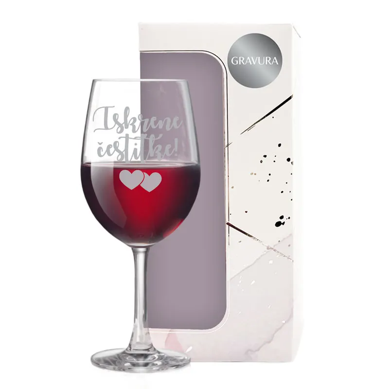 Kozarec za vino graviran - Iskrene čestitke, srčka, 0.58l