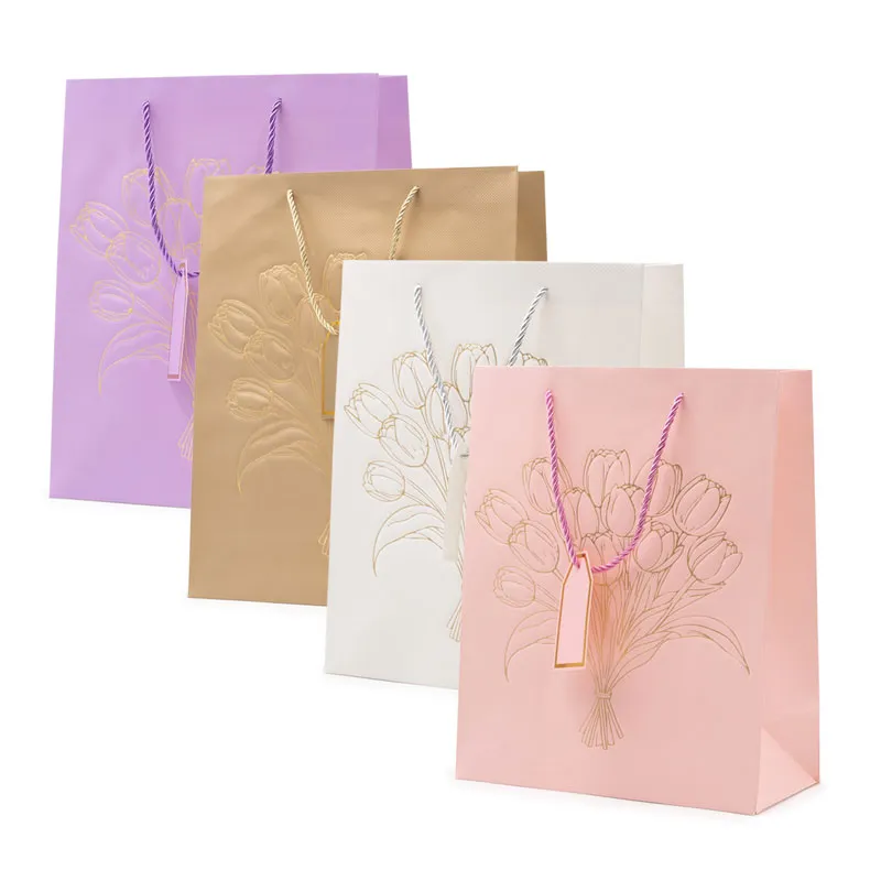 Vrečka darilna, 32x26x12cm, enobarvna, z zlatimi tulipani, sort.