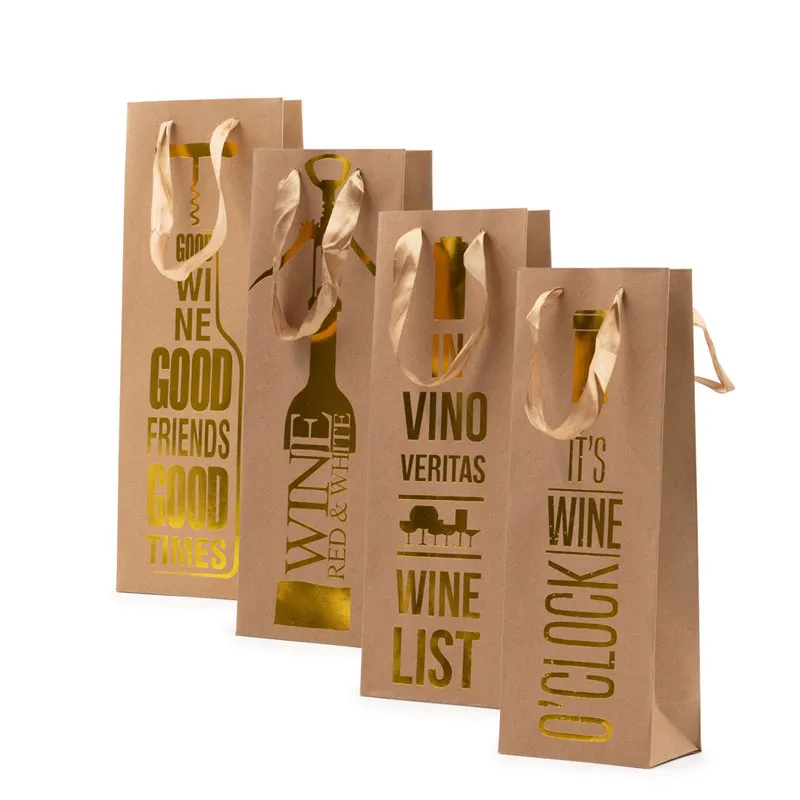 Vrečka darilna, 36x12.5x8.5cm, za steklenico, kraft, zlati napis, sort.