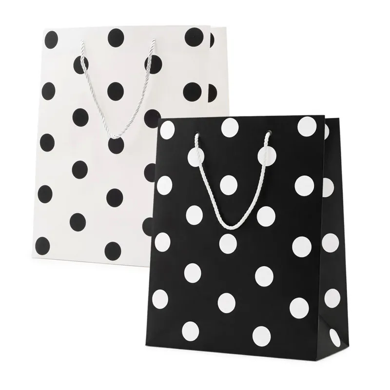Vrečka darilna, 32x26x12cm, črno-bela s pikami, sort.