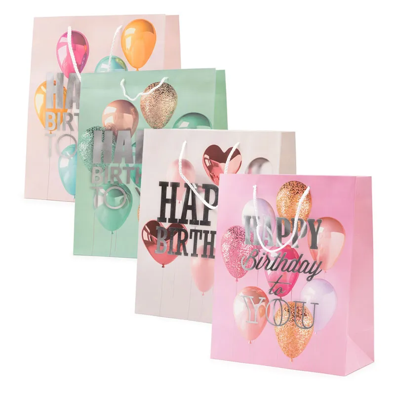 Vrečka darilna, 32x26x12cm, baloni, Happy Birthday to you, sort.