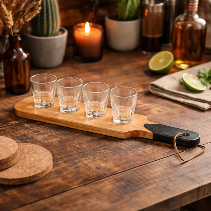 Set 4 kozarčkov za žganje na lesenem podstavku, 4x44ml