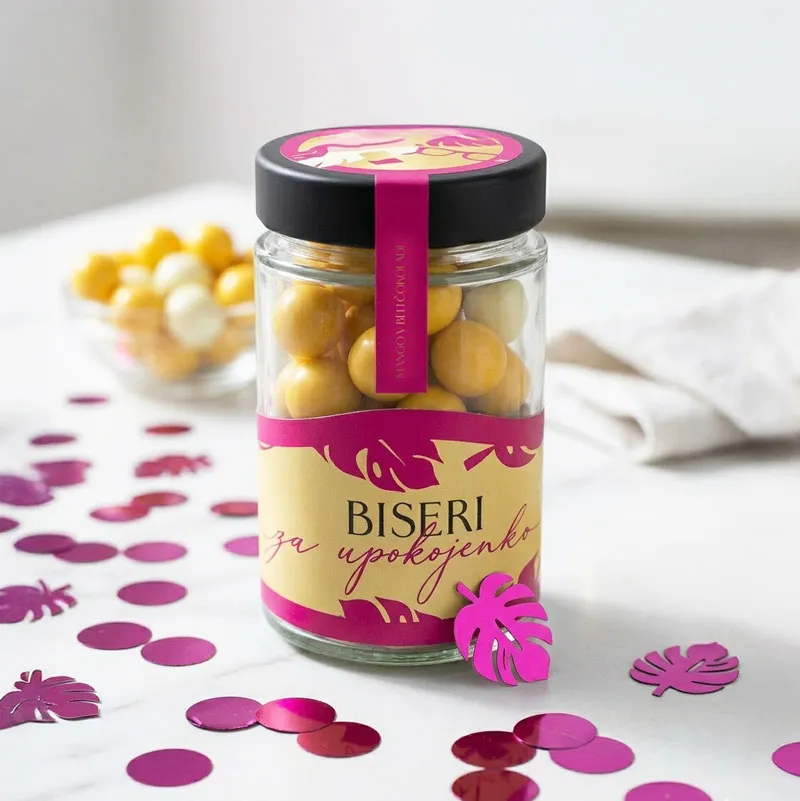 Dražeji v steklenički, BISERI ZA UPOKOJENKO, mango v beli čokoladi, 125g