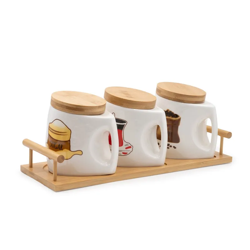 Set doz s pokrovi, porcelan, 3/1, na podstavku iz bambusa,13cm, 36x13.3x5.5cm