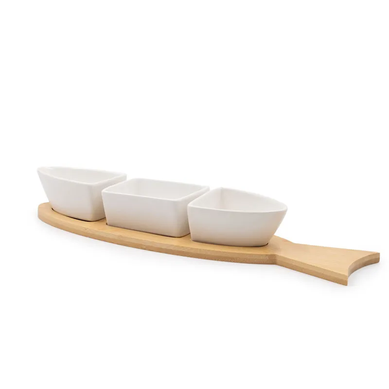 Set skled za prigrizke 3/1, porcelan, na podstavku iz bambusa, 16x10cm