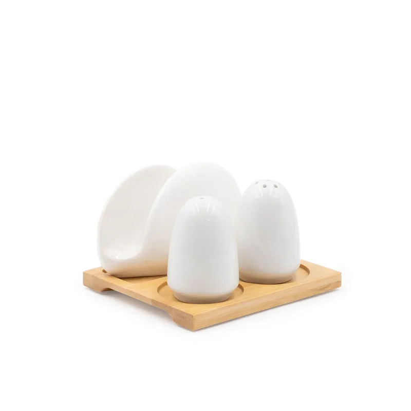Set za sol, poper in serviete, porcelan, na podstavku iz bambusa, 10.8x10.8cm