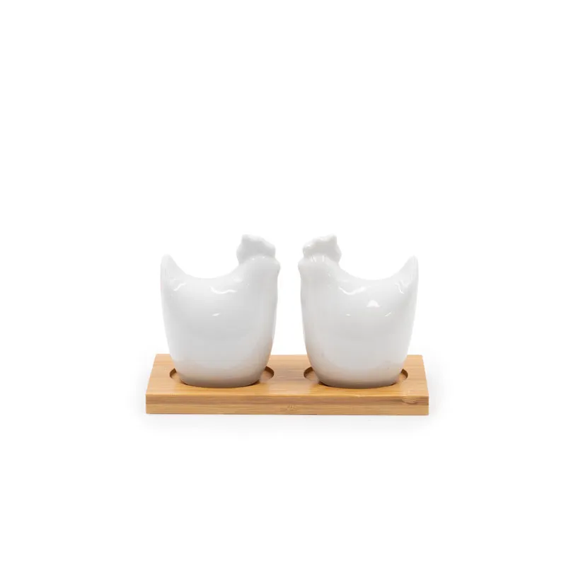 Set za sol in poper, v obliki kokoši, porcelan, na podstavku iz bambusa, 15.5x7cm