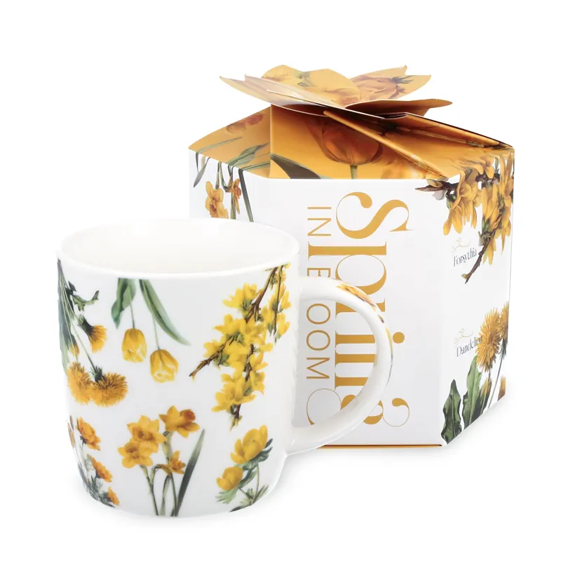 Skodelica rumeno cvetje, v darilni embalaži, "SPRING IN BLOOM",  390ml, new bone, 8.5cm