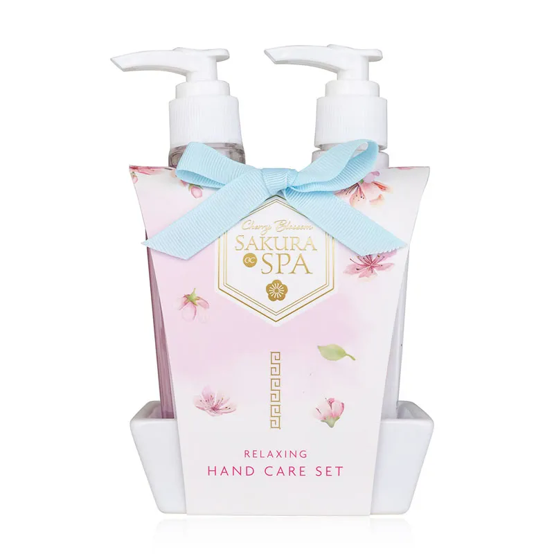 Set za nego rok, SAKURA SPA (160ml tekoče milo, 160ml losjon za roke), na keramičnem podstavku, z vonjem: Cherry Blossom