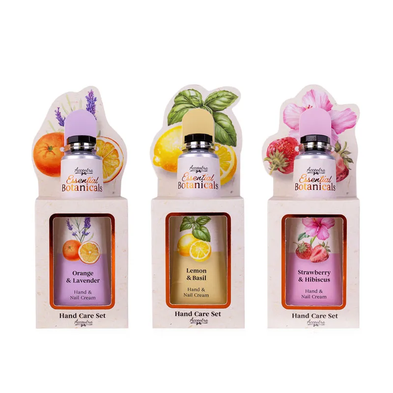 Set za nego rok ESSENTIAL BOTANICALS, (30ml krema za roke in nohte z vonjem: Orange & Lavender / Lemon & Basil / Strawberry & Hibiscus + pilica za nohte, v darilni embalaži