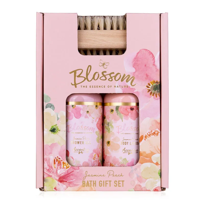 Kopalni set BLOSSOM, (100ml gel za tuširanje, 100ml losjo za telo, krtačka za nohte) z vonjem: Jasmine Peach, v darilni embalaži