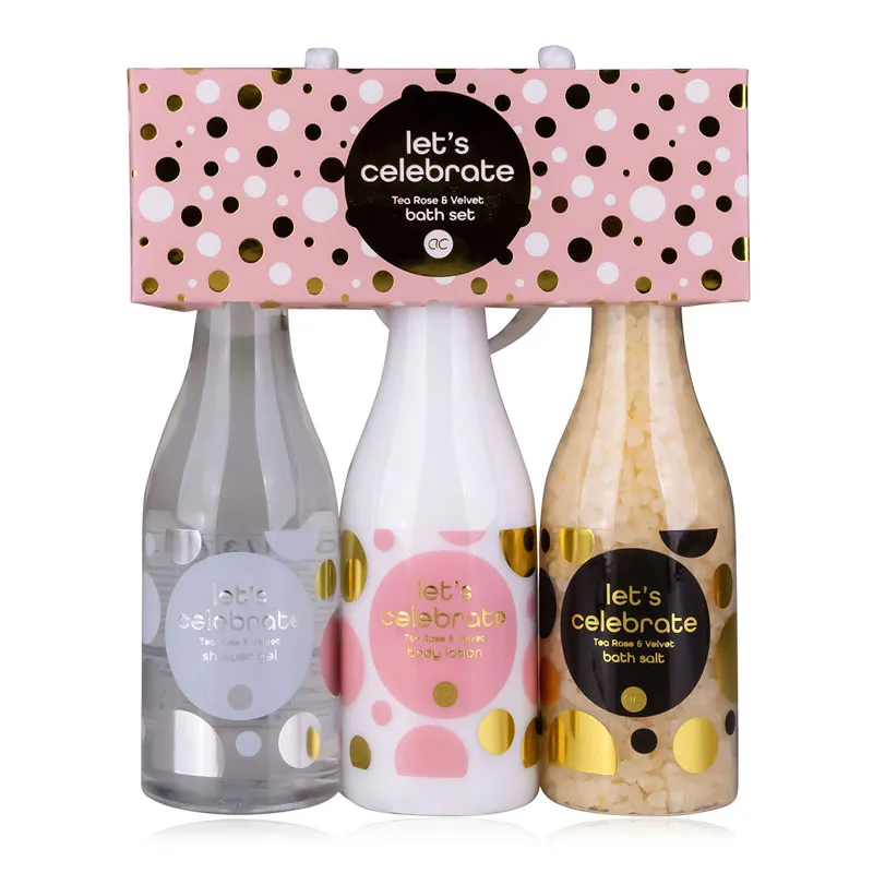 Kopalni set LET'S CELEBRATE, (110ml gel za tuširanje, 110ml losjon za telo,130g kopalna sol), z vonjem: Tea Rose & Velvet, v darilni embalaži