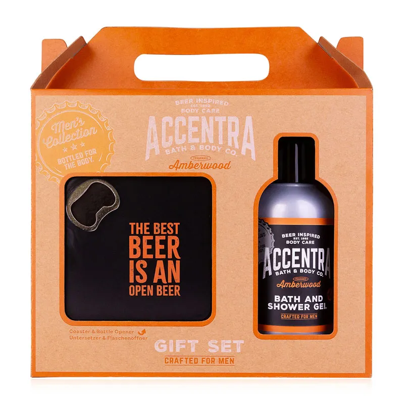 Darilni set MEN'S COLLECTION, (150ml gel za tuširanje in kopel, podstavek, odpirač za steklenice), z vonjem: Amberwood, v darilni embalaži