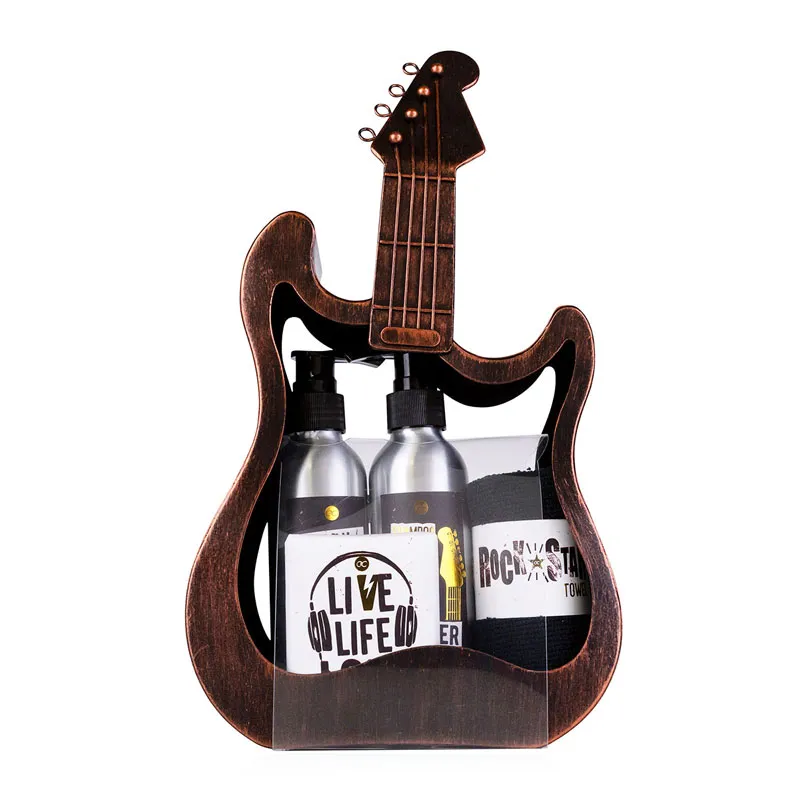 Kopalni set ROCKSTAR iv ovinski kitari, (150ml gel za tuširanje, 150ml šampon za lase, 70g trdo milo, brisačka 30x30cm,) z vonjem: Sandalwood