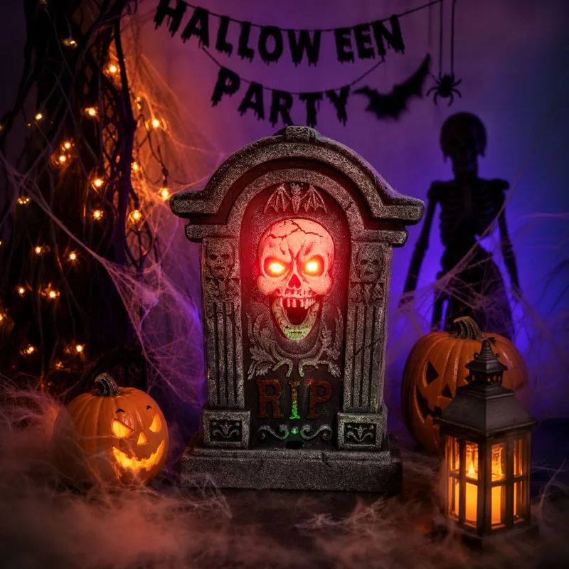 Dekoracija za Halloween, spomenik RIP z okostnjakom, z LED očmi, zvokom, premikajoč, stiropor, 45.5x31x9cm