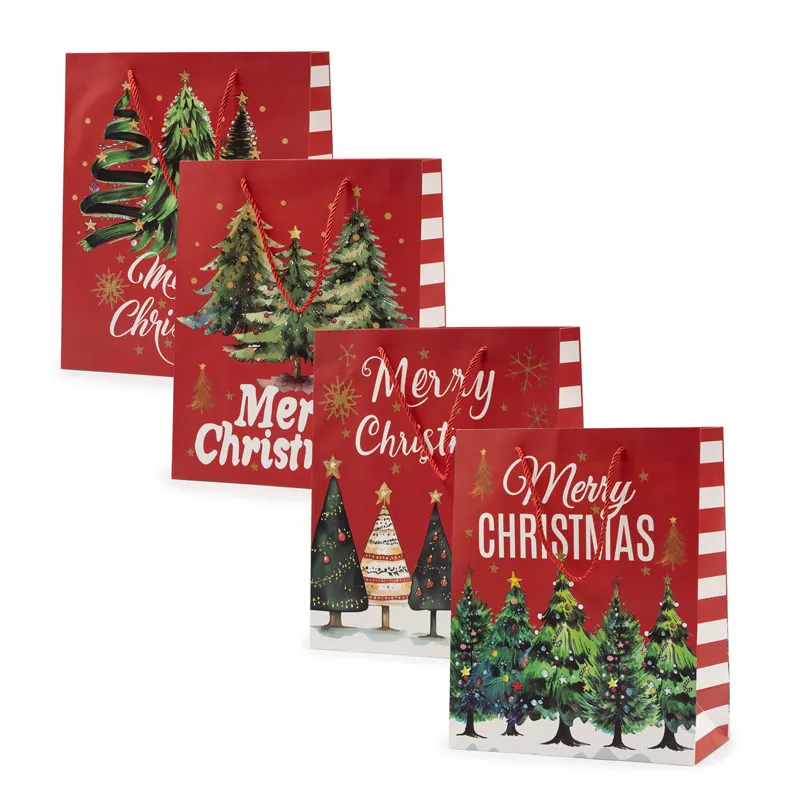 Vrečka darilna, božična, smreke, Merry Christmas, 32x26x12cm, sort.