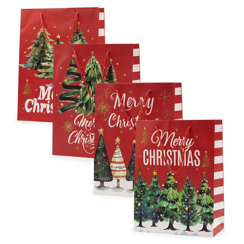 Vrečka darilna, božična, smreke, Merry Christmas, 40x30x12cm, sort.