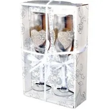 Kozarca za šampanjec poročna, s srčki in perlicami, v darilni škatli, 2/1, 5x22.5cm