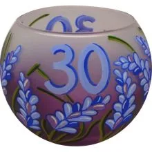 Svečnik steklen, okrogel, sivka, 30 let, lila bel, 8 cm