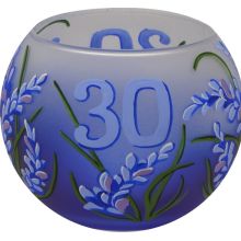 Svečnik steklen, okrogel, sivka, 30 let, modro bel, 8 cm